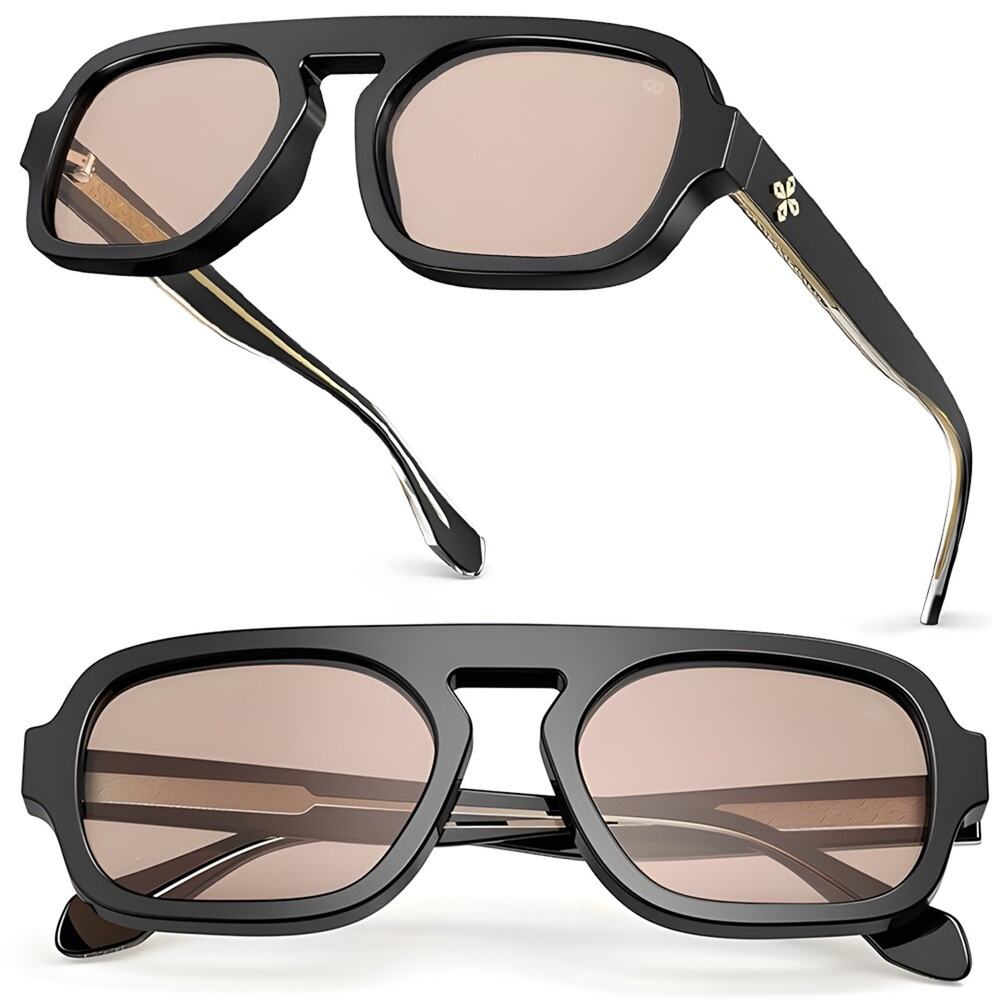 Flat Top Retro Sunglasses with Black Frame & Brown Lenses TR90 Design